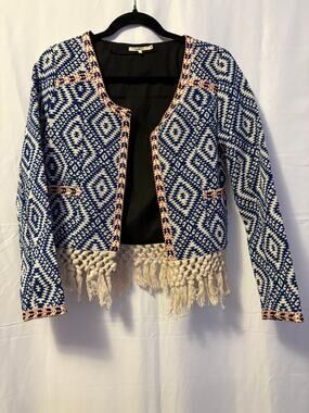 Tularosa Santa Fe Jacket Blue Geometric Fringe Hem Sz S